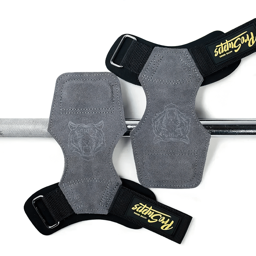 Leather Gym Hand Grips with Wrist Support Straps - SF3519, premium cowhide suede grips for weight lifting with adjustable wrist straps.