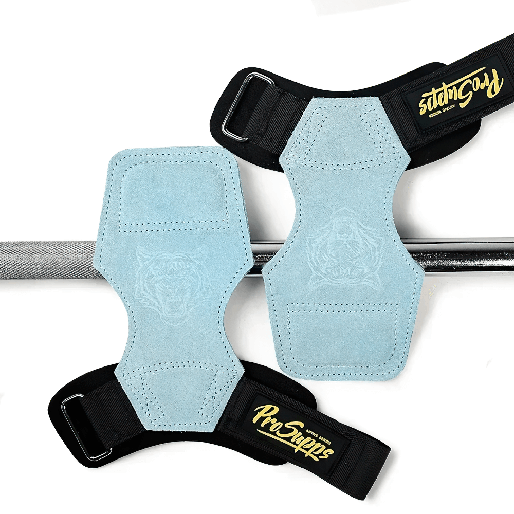 Leather Gym Hand Grips with Wrist Support Straps - SF3519 in light blue suede, featuring adjustable straps for secure grip during weightlifting.