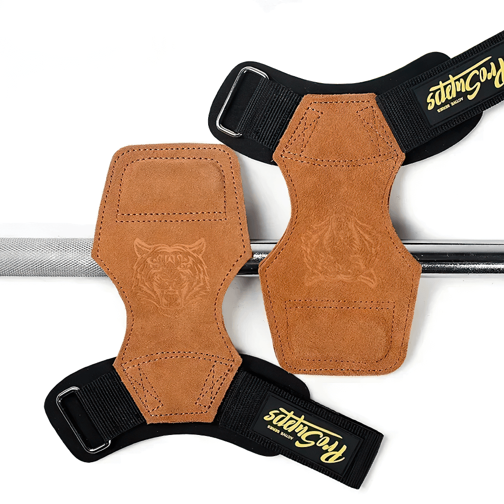 Leather Gym Hand Grips with Wrist Support Straps - SF3519, premium cowhide grips for weight lifting, bodybuilding, strength workouts.