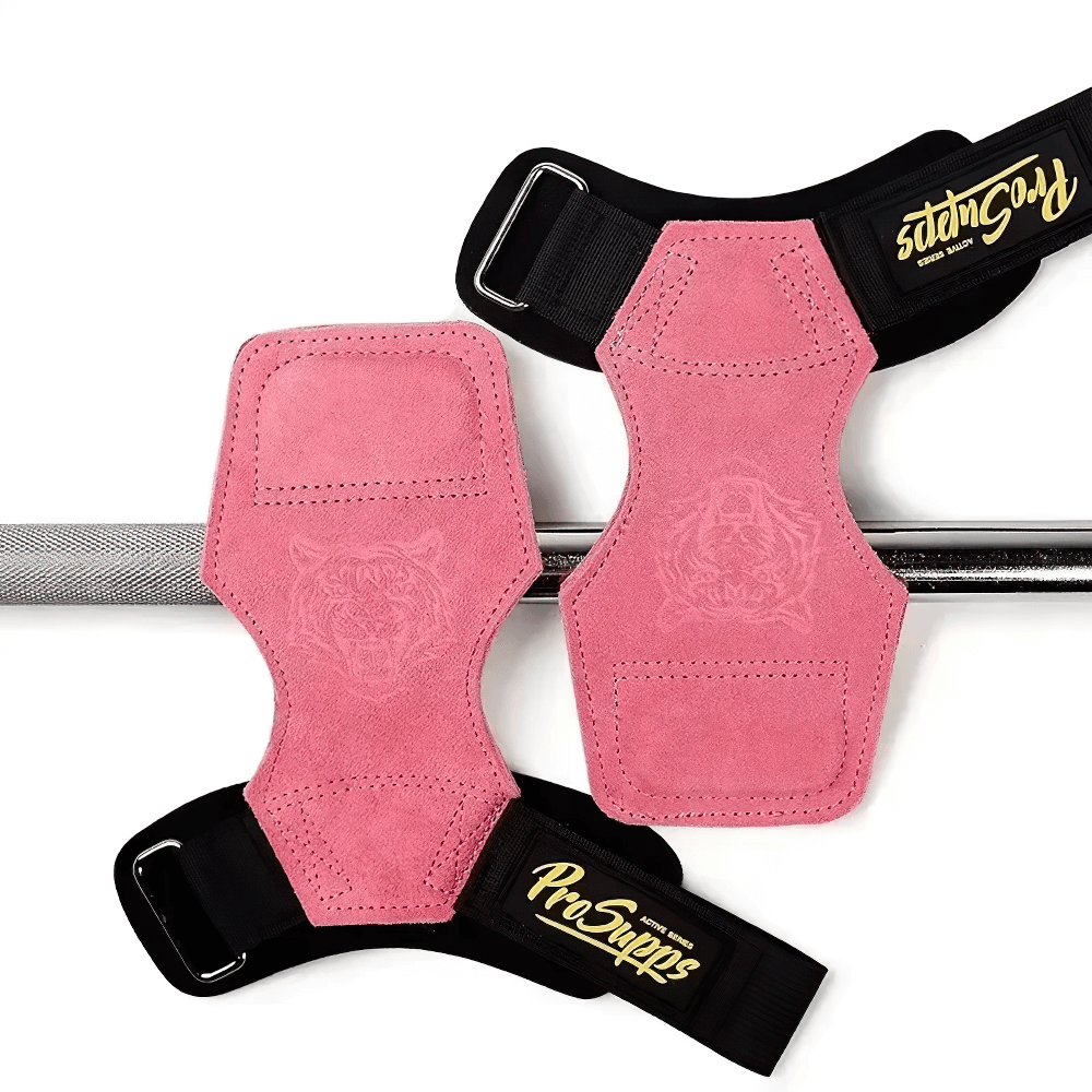 Leather Gym Hand Grips with Wrist Support Straps - SF3519 in pink, cowhide grips for weight lifting with suede anti-slip protection and support.