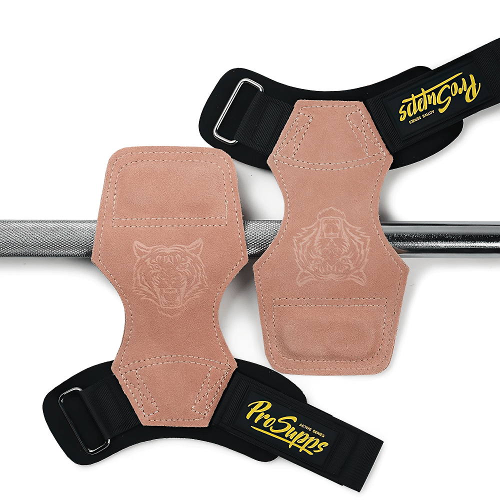Leather Gym Hand Grips with Wrist Support Straps - SF3519 on gym equipment, showcasing durable suede and adjustable wrist straps.