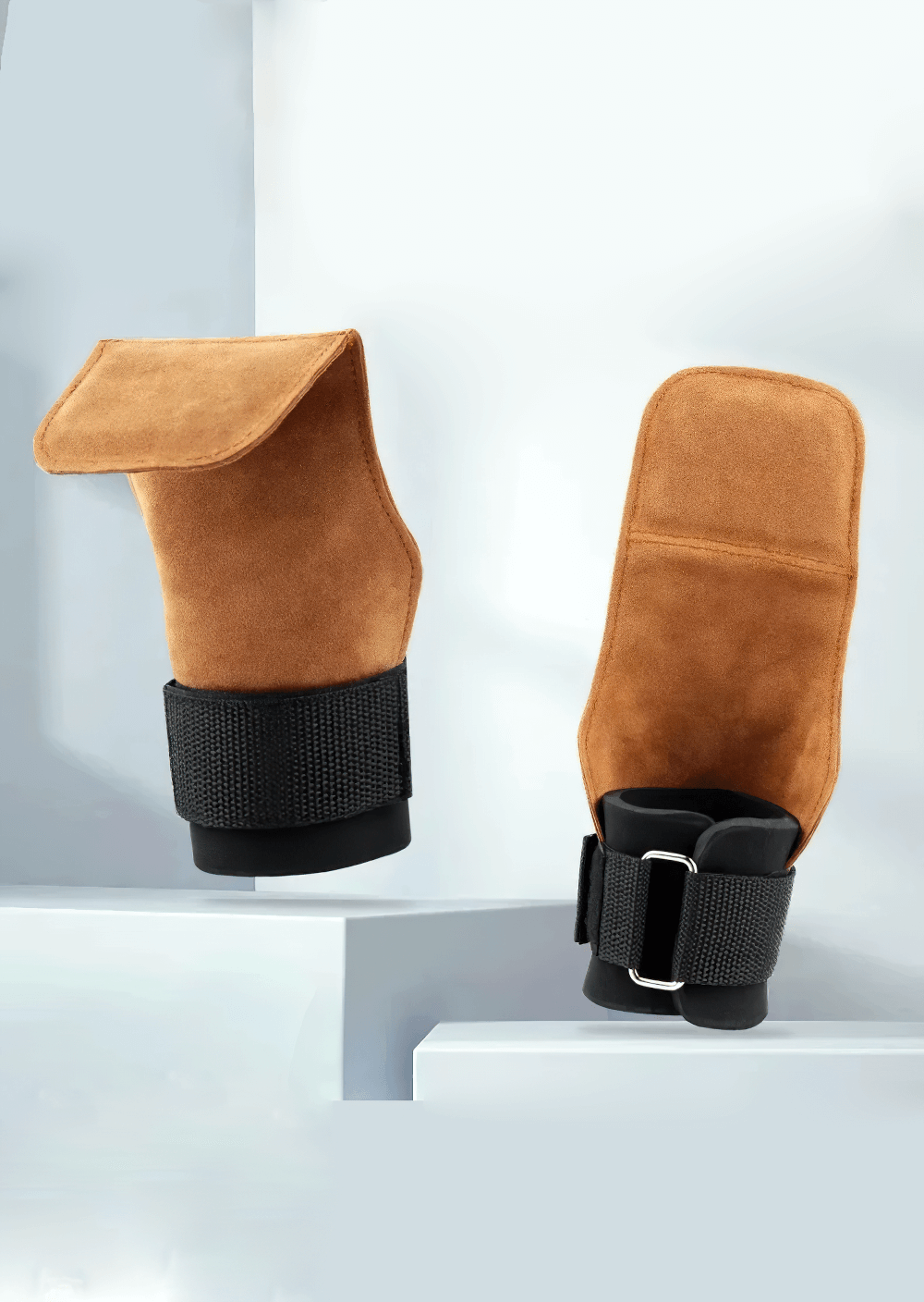 Leather No-Finger Weightlifting Hand Grips - SF3505 showcasing durable cowhide design and secure Velcro strap for CrossFit and lifting.