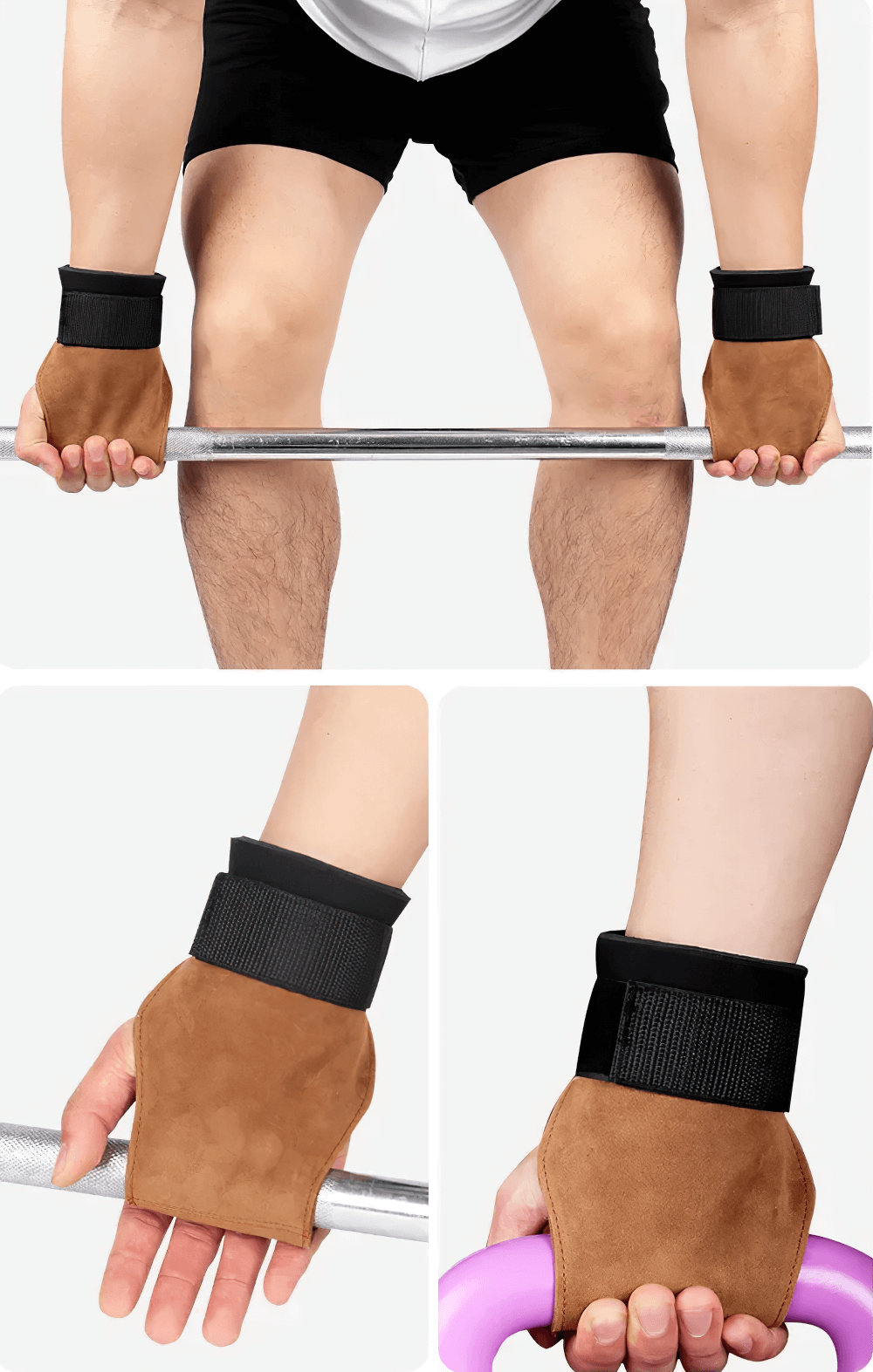 Enhance workouts with Leather No-Finger Weightlifting Hand Grips - SF3505 for anti-slip grip during lifting and CrossFit.