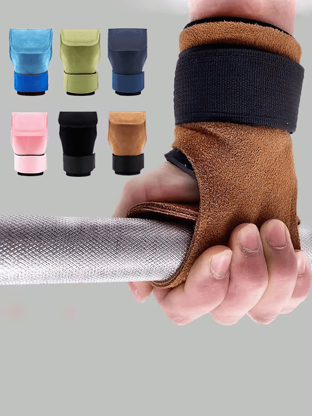 Person using Leather No-Finger Weightlifting Hand Grips - SF3505 with barbell, featuring multiple color options in background.