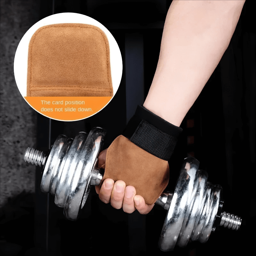 Leather No-Finger Weightlifting Hand Grips - SF3505 in use for secure dumbbell lifting during CrossFit, featuring cowhide and Velcro strap.