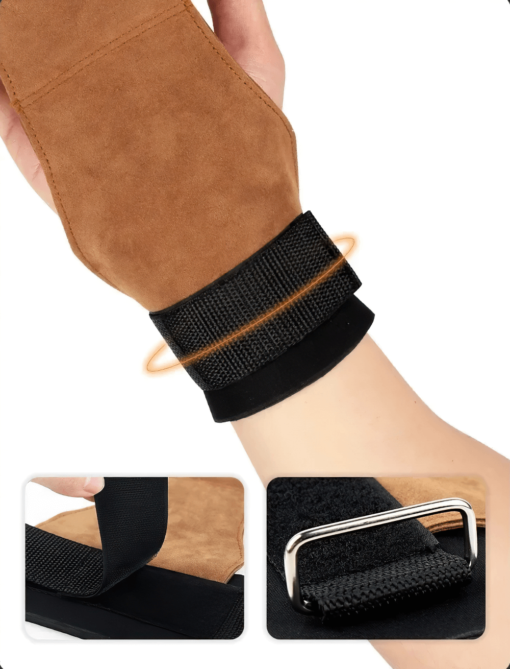 Leather No-Finger Weightlifting Hand Grips - SF3505 showcasing cowhide palm protector and adjustable wrist strap with Velcro.