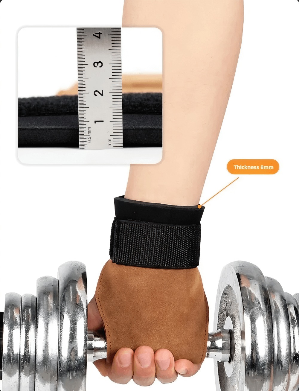 Leather No-Finger Weightlifting Hand Grips - SF3505 in use, showing cowhide palm protector and adjustable Velcro wrist strap.