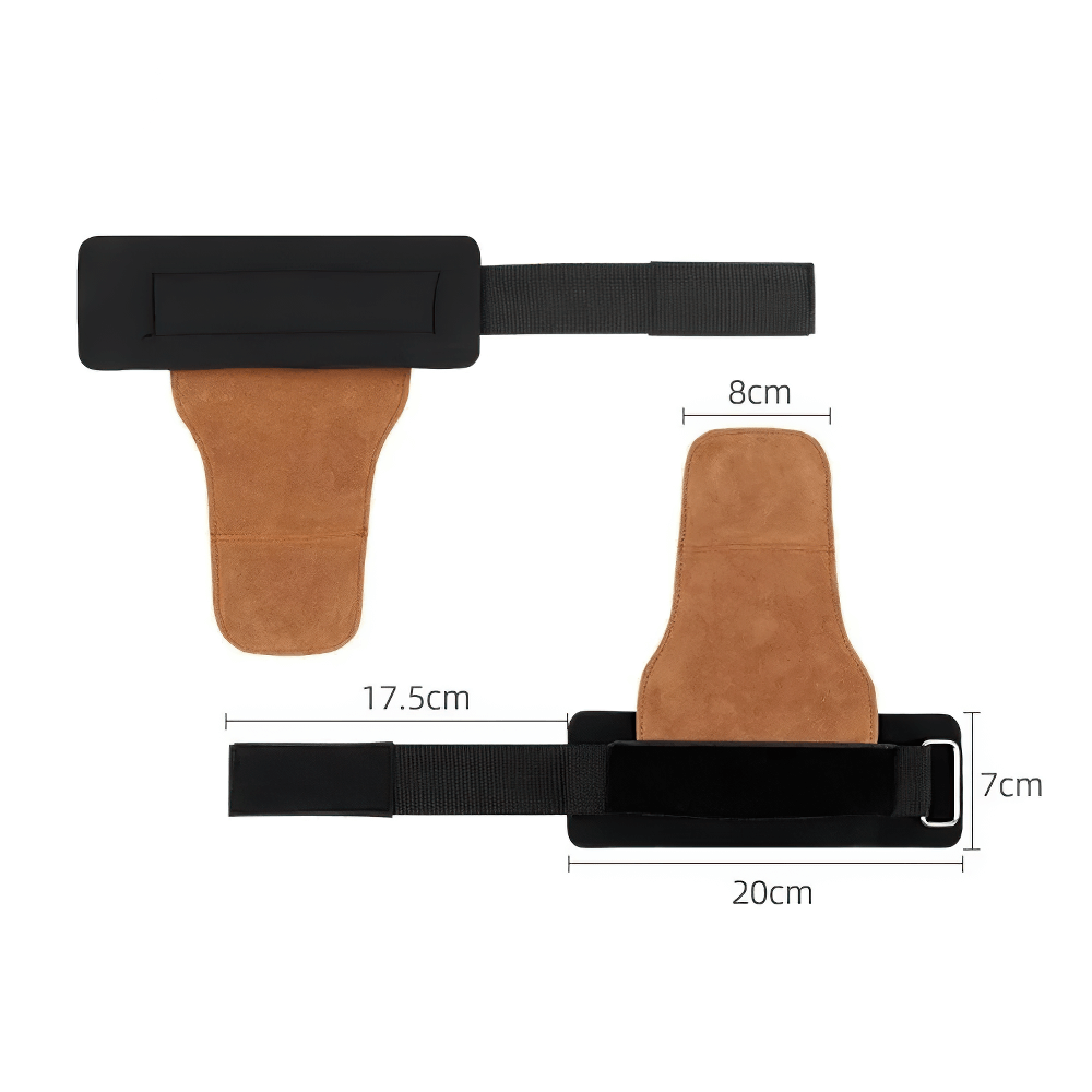 Leather No-Finger Weightlifting Hand Grips - SF3505 with dimensions and adjustable Velcro wrist strap for CrossFit workouts
