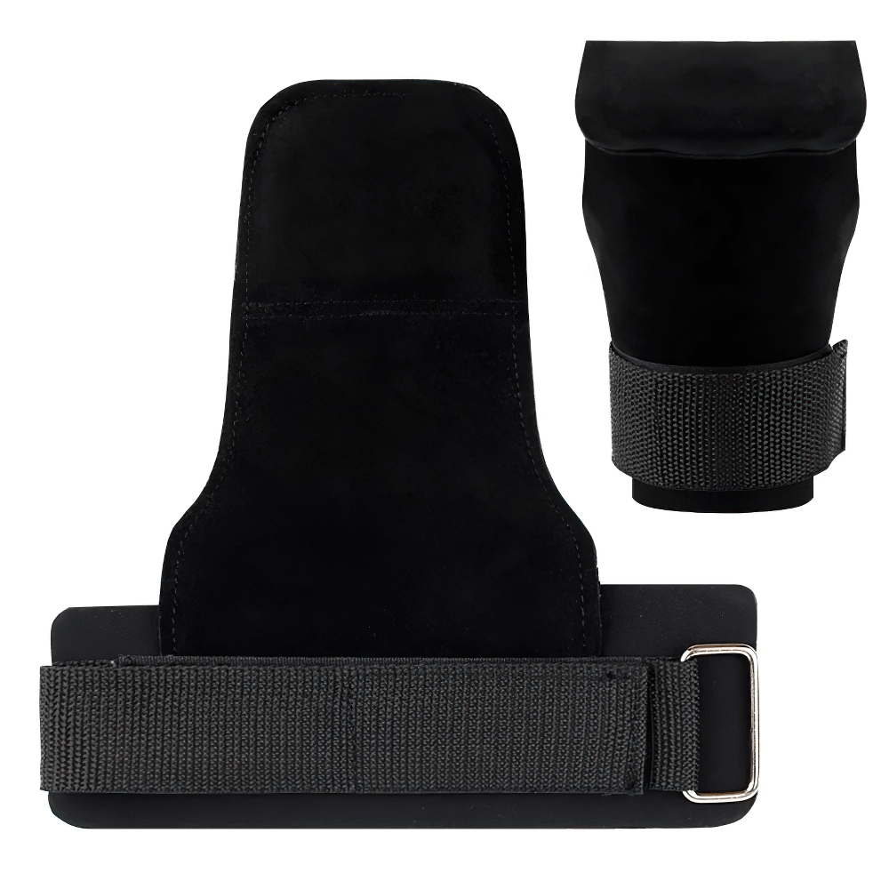 Leather No-Finger Weightlifting Hand Grips - SF3505 for CrossFit, black cowhide protector with wrist strap and anti-slip features.