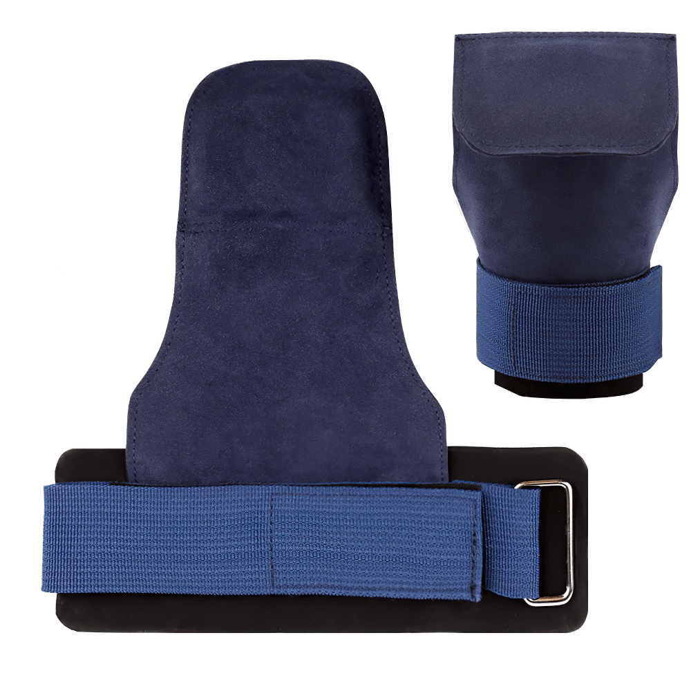 Leather No-Finger Weightlifting Hand Grips - SF3505 with blue adjustable wrist strap and anti-slip design.
