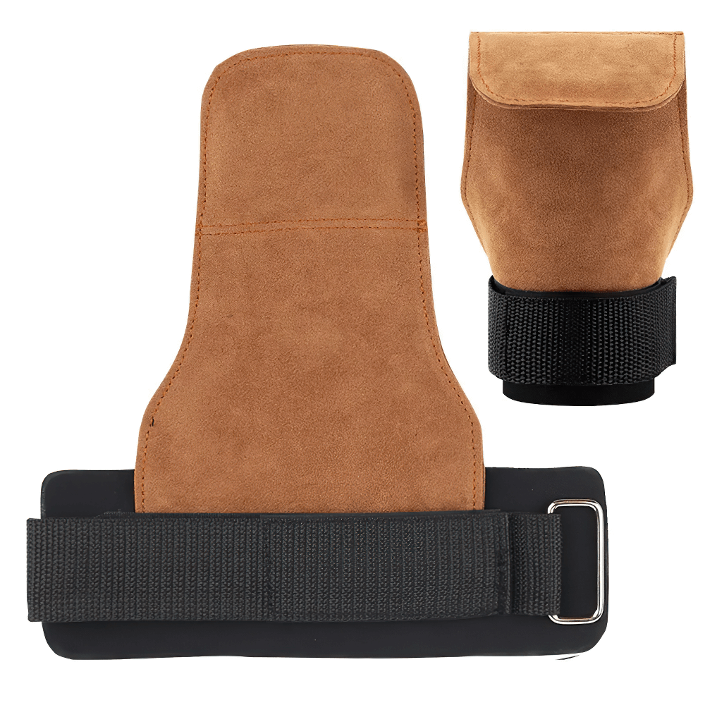 Leather No-Finger Weightlifting Hand Grips - SF3505 for CrossFit, featuring cowhide palm protector and adjustable wrist strap.