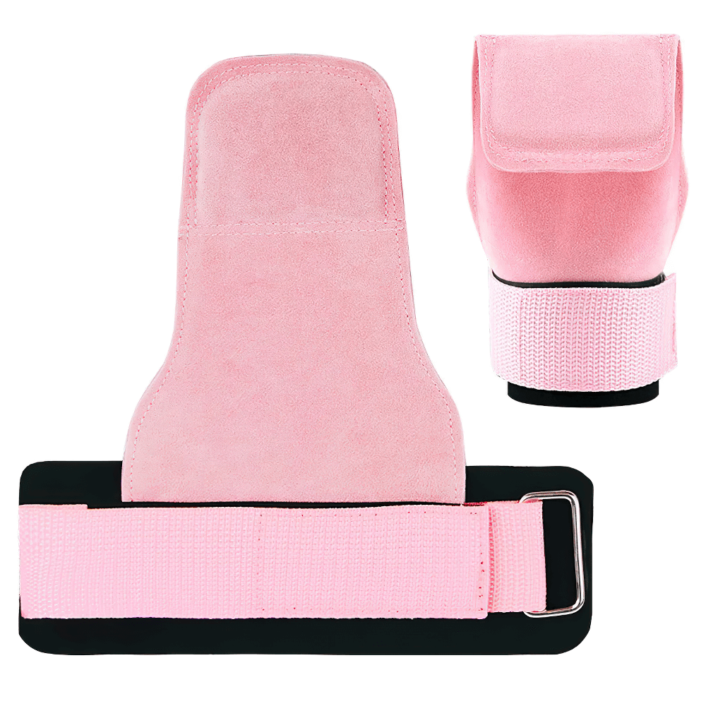 Leather No-Finger Weightlifting Hand Grips - SF3505, pink cowhide palm protector for CrossFit, anti-slip grip with adjustable Velcro strap.