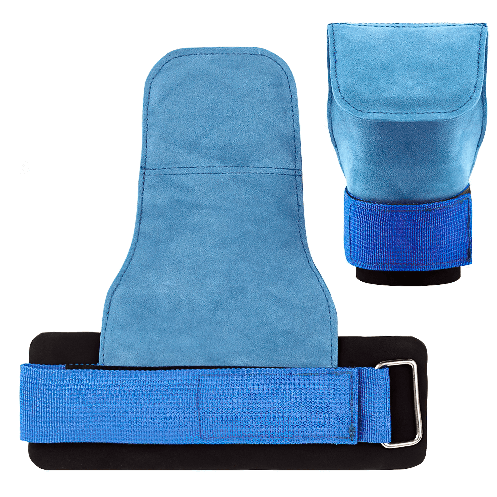 Leather No-Finger Weightlifting Hand Grips - SF3505 in blue with velcro strap, ideal for CrossFit and lifting protection.