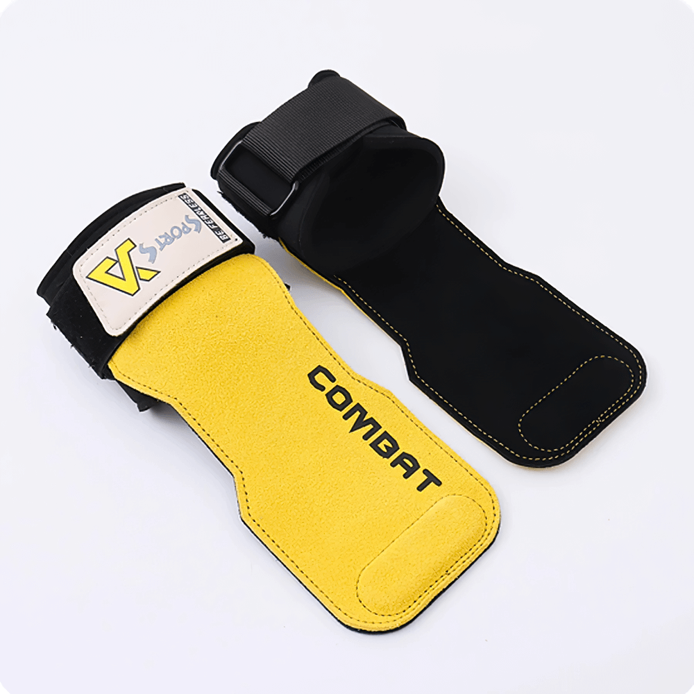 Leather Weightlifting Hand Grips with Protection - SF3536, unisex leather gloves for palm protection and enhanced grip, yellow and black design.