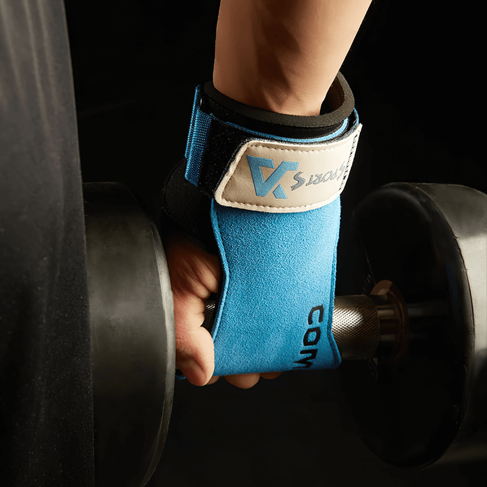 Person using a dumbbell with Leather Weightlifting Hand Grips with Protection - SF3536 for secure grip and palm safety.