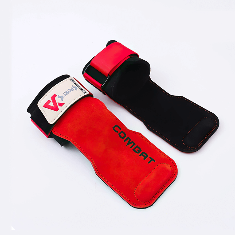 Alt Tag: Leather Weightlifting Hand Grips with Protection - SF3536, red and black design, for palm protection and enhanced grip.