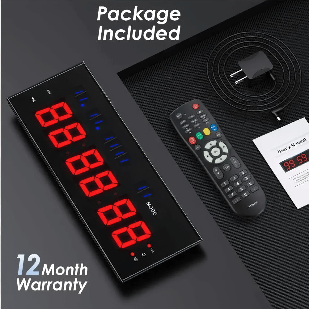 LED Wall Gym Timer Clock with Remote for Workouts - SF3477, featuring large red display with accessories and 12-month warranty
