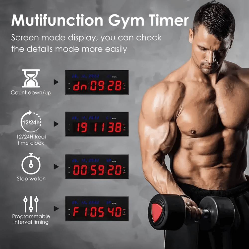 LED Wall Gym Timer Clock with Remote for Workouts - SF3477, featuring countdown, stopwatch, and interval timer functions in gym setting.