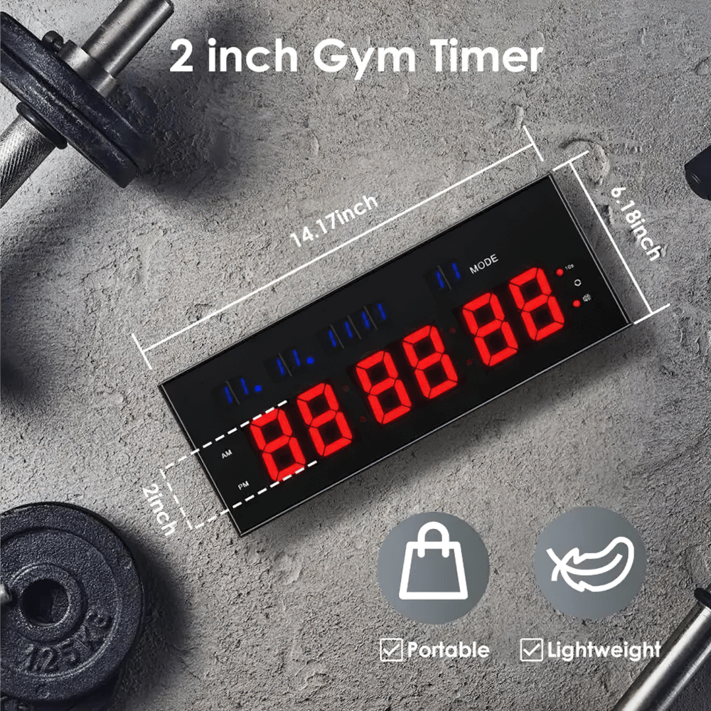 LED Wall Gym Timer Clock with Remote for Workouts - SF3477 shown with large red digits and dimensions on a grey surface.