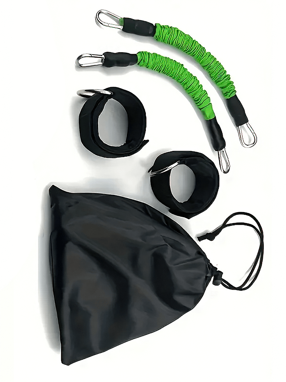 Leg resistance bands with ankle straps and carry bag, green fitness foot rings for glute and leg workouts, compact design.
