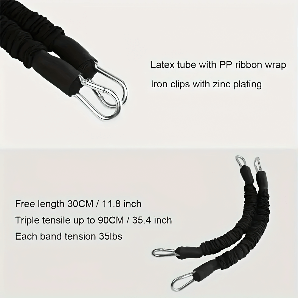 Black latex resistance bands with zinc-plated iron clips, featuring PP ribbon wrap, 30CM free length, and 35lbs tension capability.