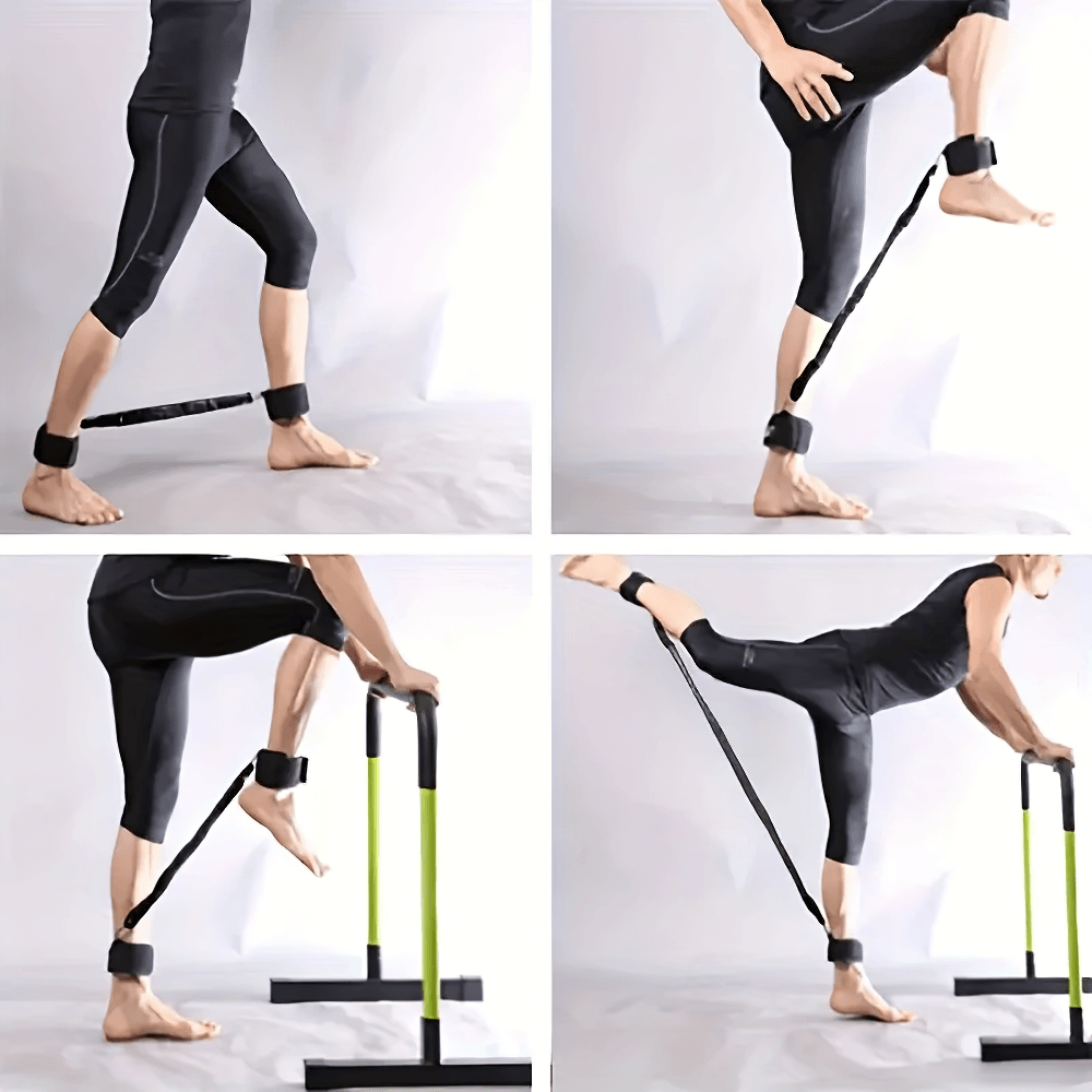 Leg resistance bands with ankle straps for leg and glute workouts, shown in various exercises to improve strength and mobility.