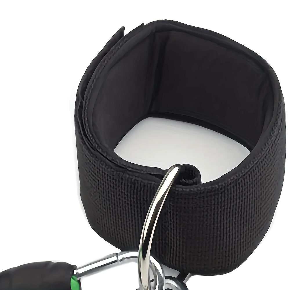 Close-up of black ankle strap for leg and glute workouts, part of SF3414 resistance bands set, with ring attachment for strength training.