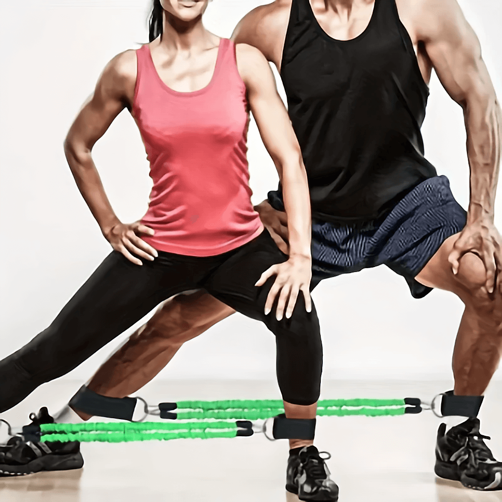 Two people using leg resistance bands with ankle straps for lower body workout and strength training.
