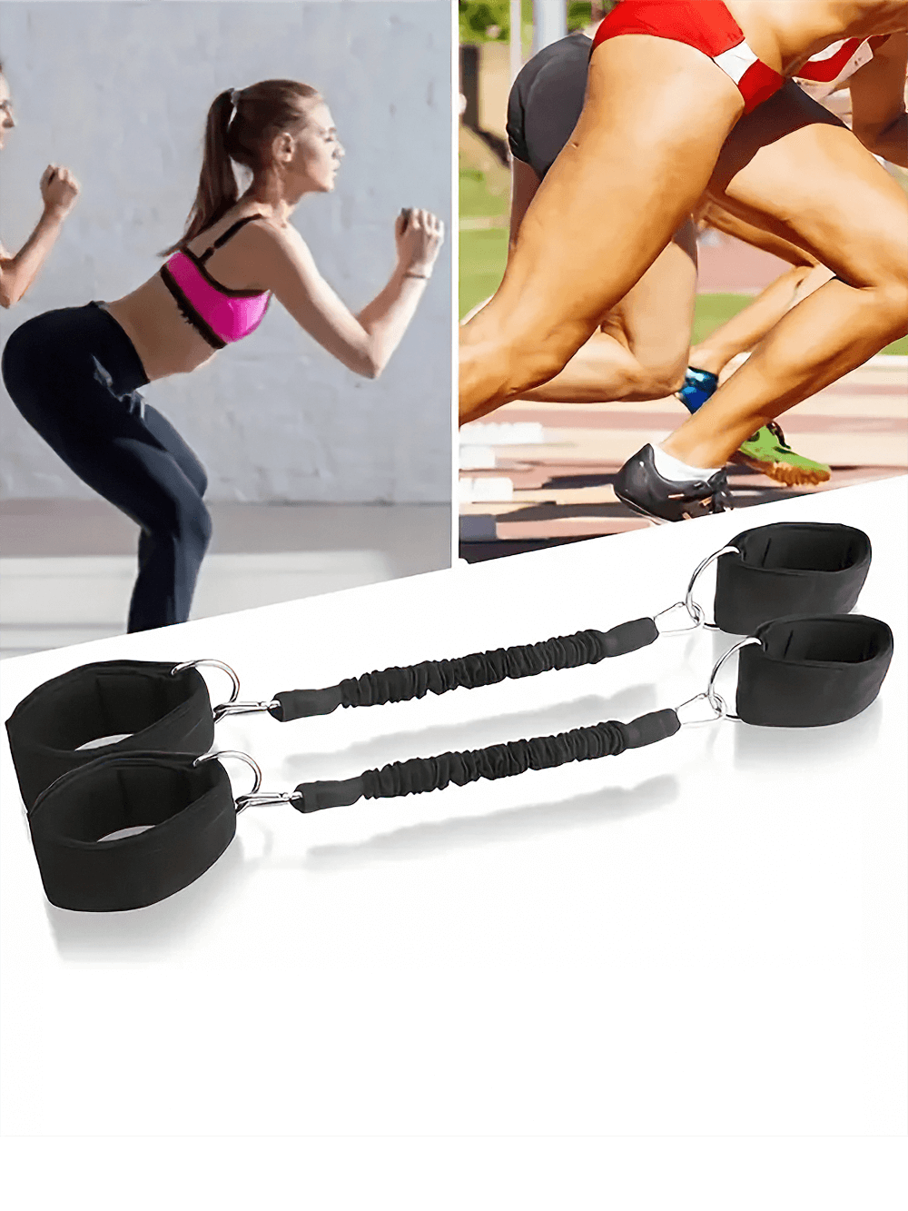 Leg resistance bands with ankle straps for glute and leg workouts featuring women exercising, promoting mobility and strength.
