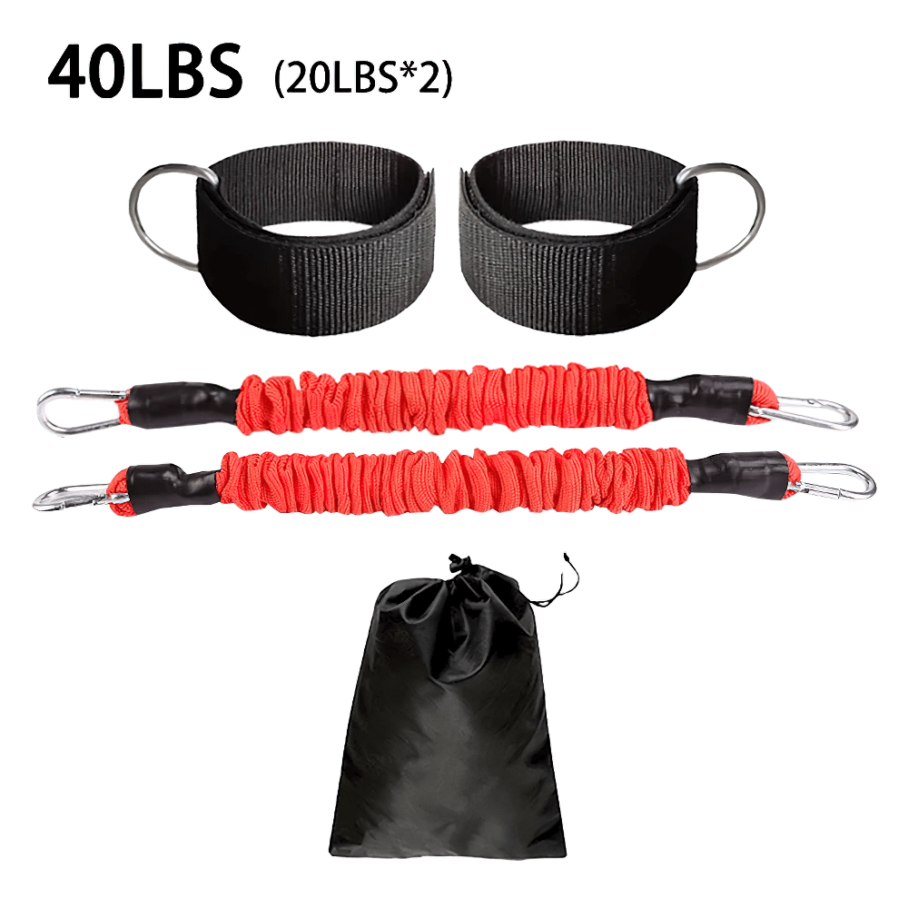 Leg resistance bands with ankle straps, 40 lbs set, includes durable red pull cords, black foot straps, and carry bag for workouts.