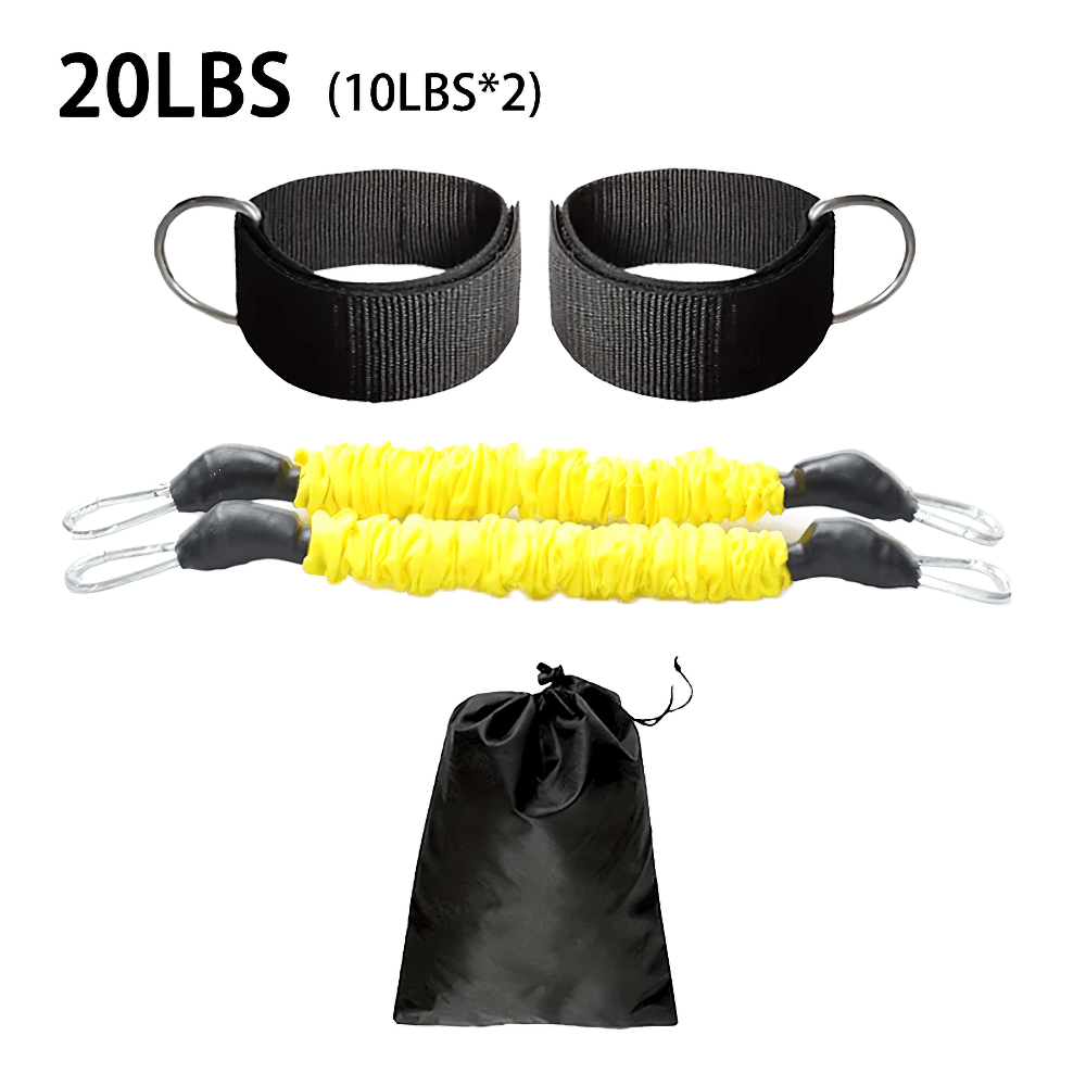 Yellow leg resistance bands with black ankle straps and storage bag, ideal for glute and leg workouts, 20lbs total. SF3414