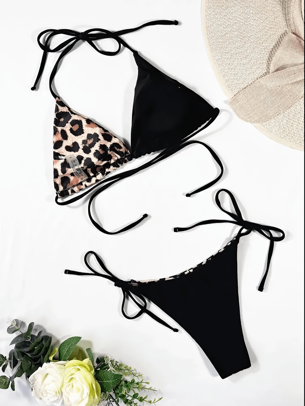 Leopard Contrast Tie-Side Triangle Bikini Set - SF4732 with black and leopard print panels, ideal for beach days.