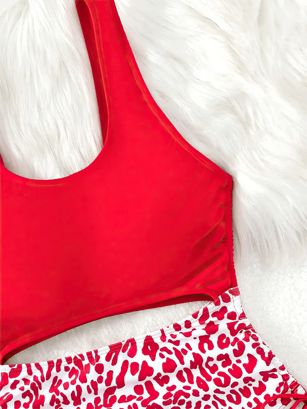 Leopard Print Cut Out High Waist One Piece Swimwear - SF4688 featuring a vibrant red top and leopard print bottom on a fluffy background.