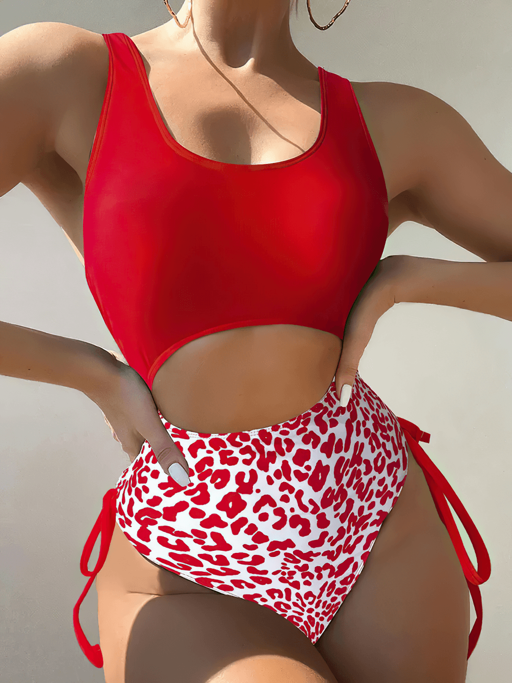 Leopard Print Cut Out High Waist One Piece Swimwear - SF4688 featuring a stylish red and white design.