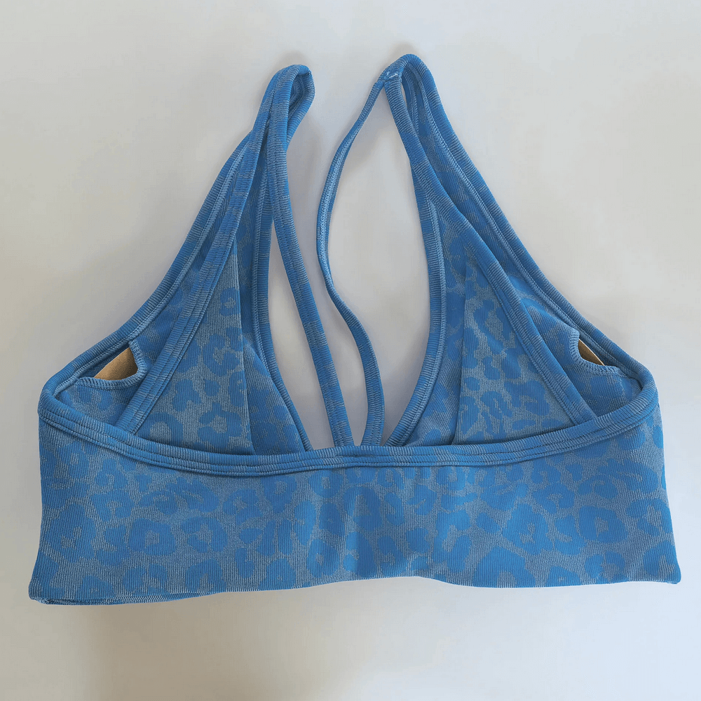 Leopard Print Deep V Yoga Bra with Back Straps - SF4077 in stylish blue, featuring a deep V design and adjustable back straps for custom fit.
