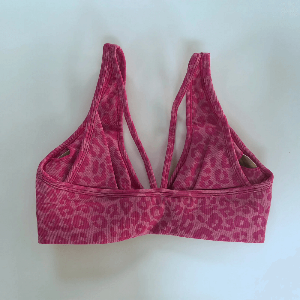 Leopard Print Deep V Yoga Bra with Back Straps - SF4077 featuring a stylish leopard design and adjustable straps for a custom fit.