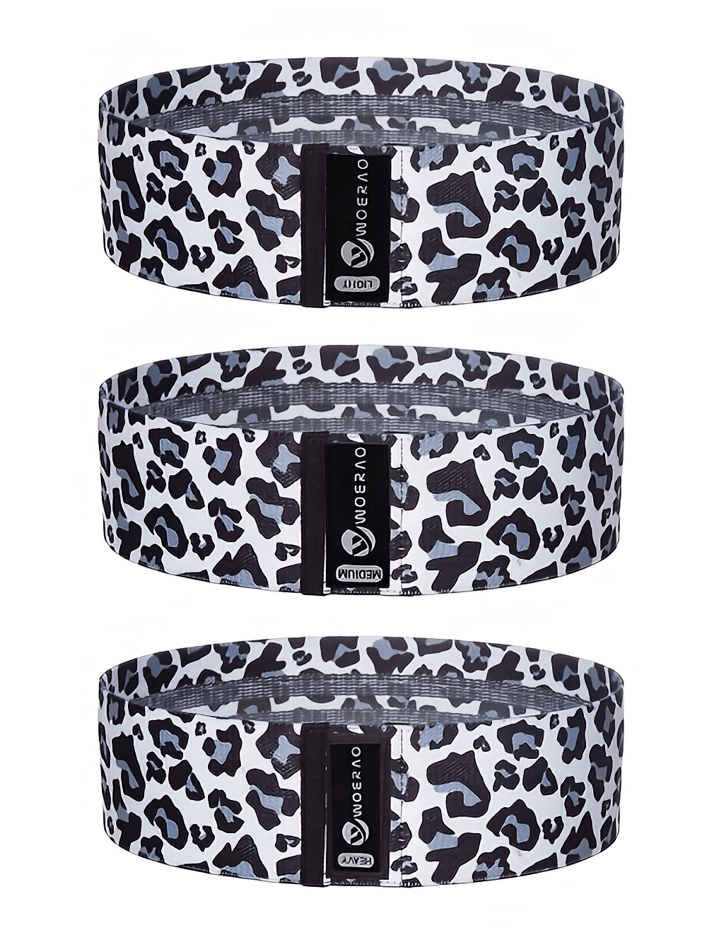 Leopard print resistance bands set of three for strength training; fabric, non-slip for full-body workout, legs, and glutes.