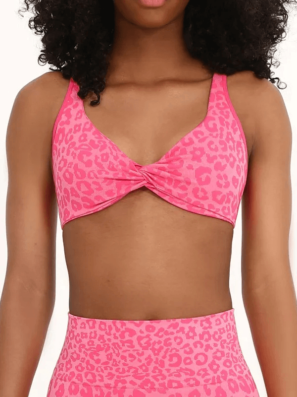 Leopard Print Sports Bra with Adjustable Straps - SF4086 in pink, trendy twist design, perfect for active wear and fashion-forward fitness.