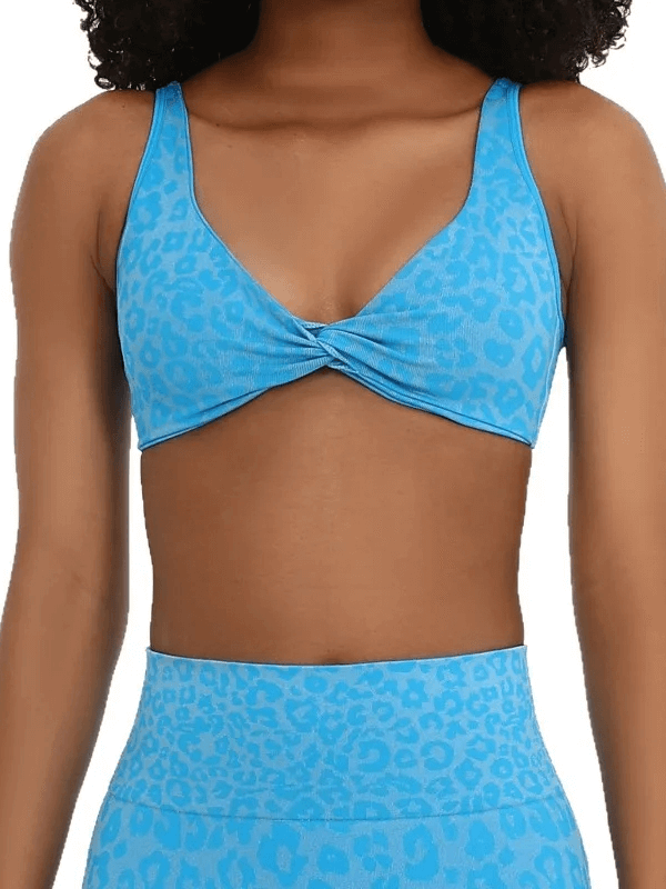 Leopard Print Sports Bra with Adjustable Straps - SF4086, stylish twist front design and secure fit for active wear, yoga, or gym.