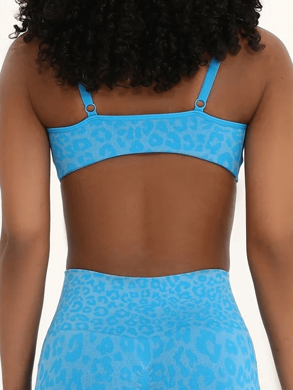 Back view of Leopard Print Sports Bra with Adjustable Straps - SF4086 in blue, showcasing the stylish and supportive design.