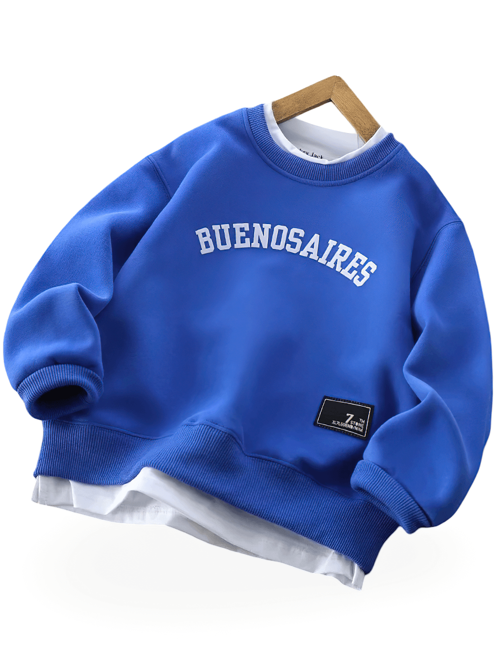 Letter Print Crew Neck Long-Sleeved Pullover - SF3534 in blue with 'BUENOS AIRES' print, casual kids' sweatshirt, ribbed cuffs and hem.