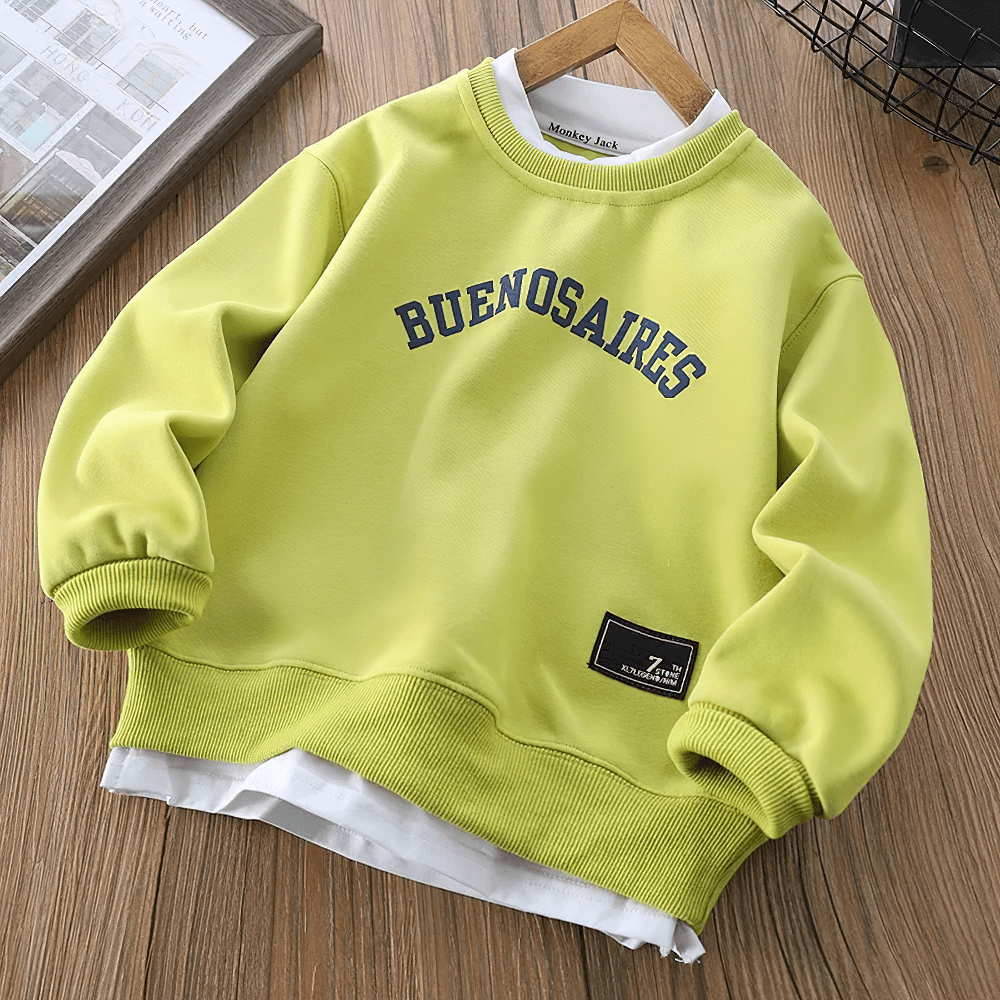 Kids' Letter Print Crew Neck Long-Sleeved Pullover - SF3534 in vibrant green with "BUENOS AIRES" text, perfect for casual wear.