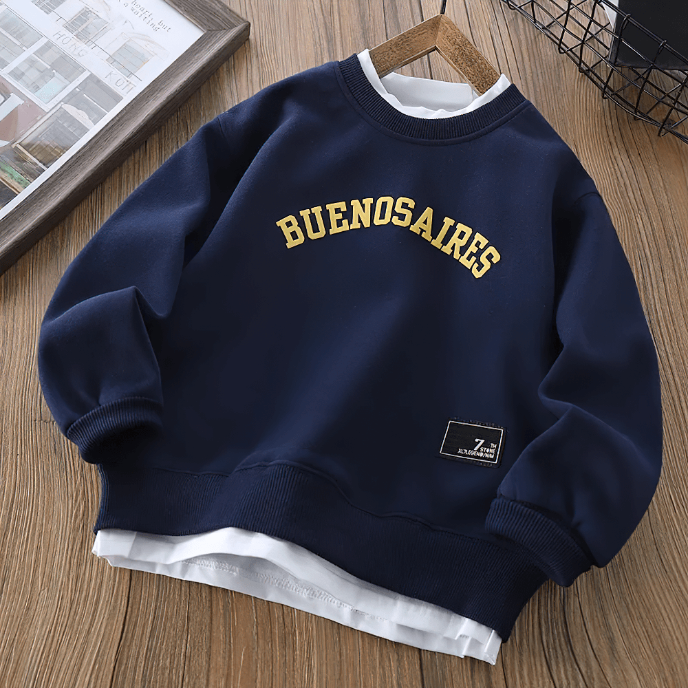 Letter Print Crew Neck Long-Sleeved Pullover - SF3534, kids' sweatshirt with Buenos Aires text in navy blue for casual wear.