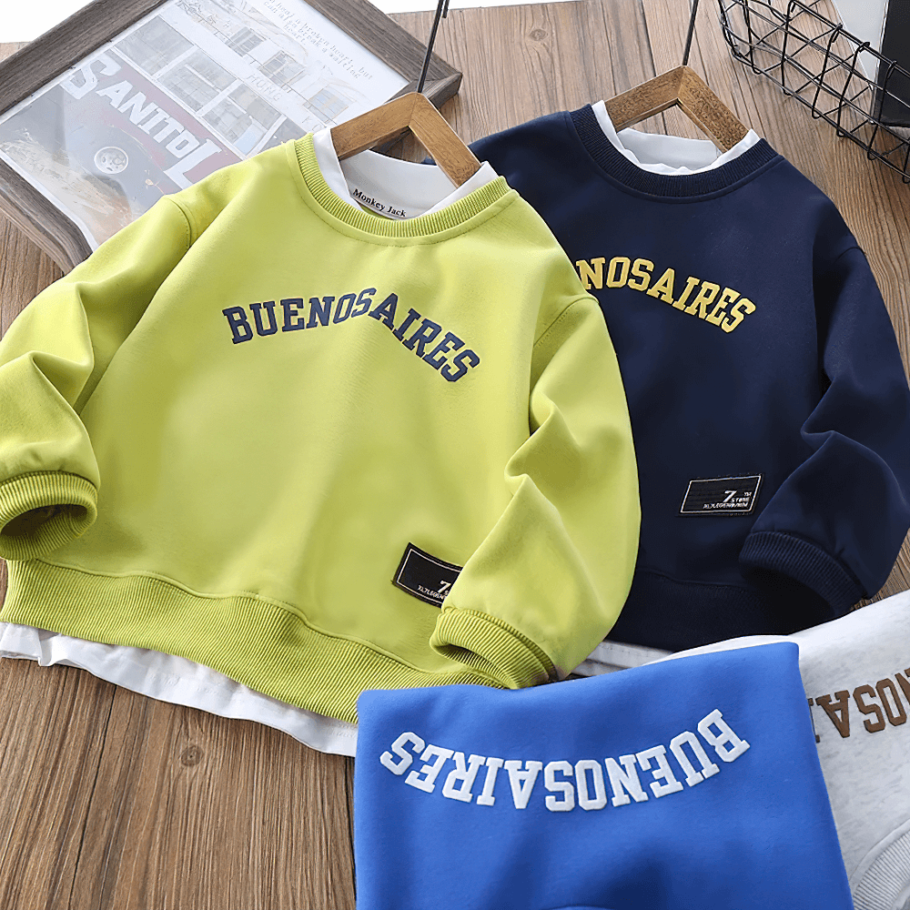 Letter Print Crew Neck Long-Sleeved Pullover - SF3534 in vibrant colors, featuring "BUENOS AIRES" text. Perfect for kids' casual wear.