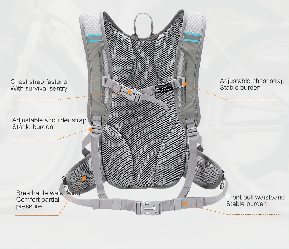 Back view of the lightweight cycling backpack with adjustable straps, breathable waist, and comfort features for outdoor adventures.