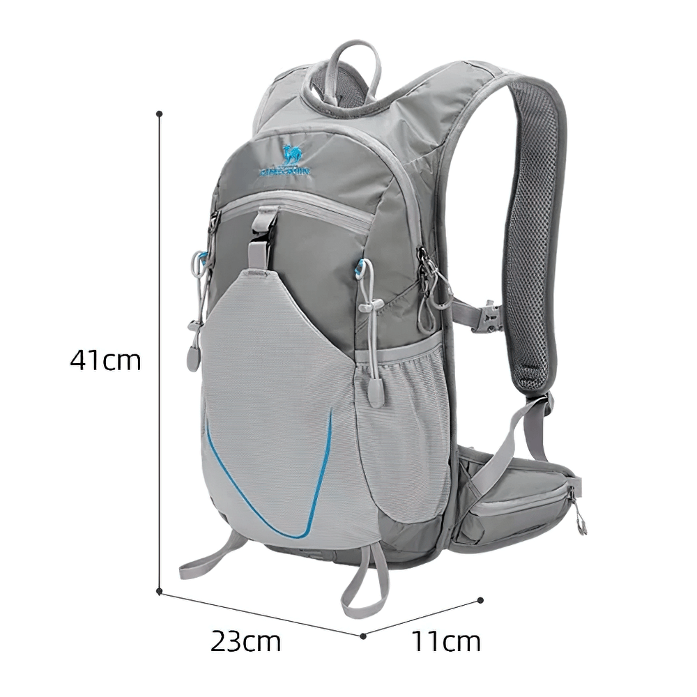 Lightweight 15L gray cycling backpack with water-repellent fabric, featuring adjustable straps and multiple compartments for outdoor use.