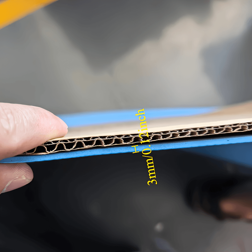 Close-up of lightweight anti-slip EVA yoga mat showing 3mm thickness with detailed view of layers, ideal for fitness training.