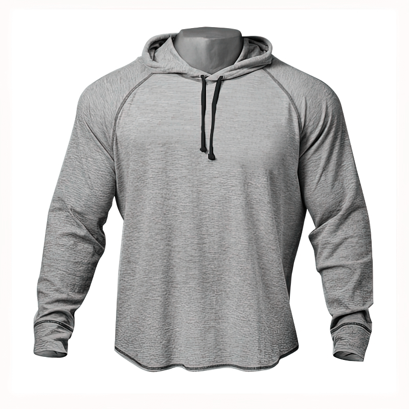 Lightweight breathable men's hoodie in grey, full sleeves and hooded collar, ideal for sportswear or casual outings.