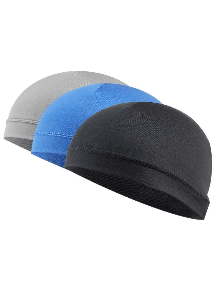 Three lightweight breathable men's running beanies in gray, blue, and black made from UV-protective polyester.