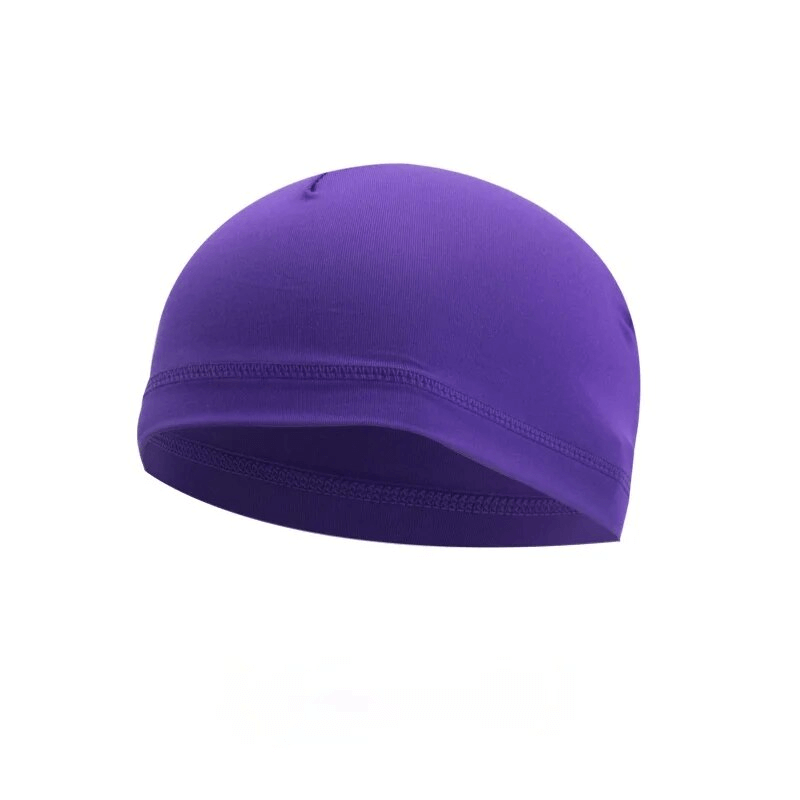 Purple lightweight breathable men's running beanie with UV protection, made of solid polyester for optimal sun safety during outdoor sports.